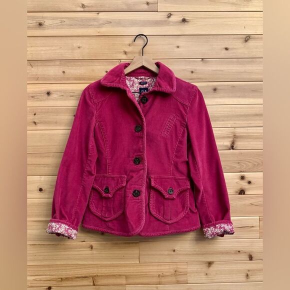 Y2K GAP Size Small Pink Corduroy Floral Lined Button Front Spring Jacket - Picture 1 of 16